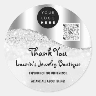Thank You Name Logo Qr Code Gray Silver Glitter Classic Round Sticker