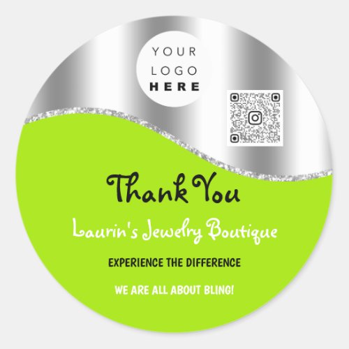 Thank You Name Logo Qr Code Gray Silver Green Classic Round Sticker