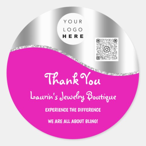 Thank You Name Logo Qr Code Gray Silver Pink Classic Round Sticker
