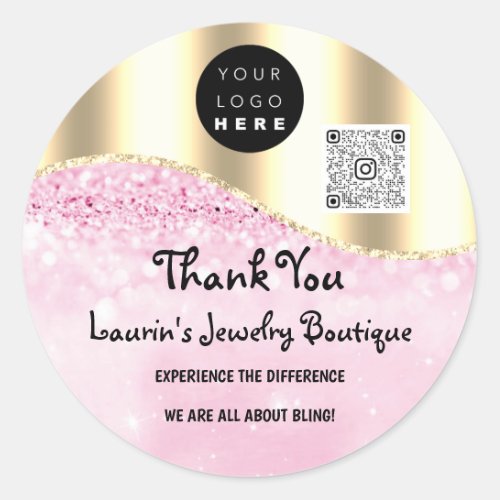 Thank You Name Logo Qr Code Pink Gold Glitter  Classic Round Sticker