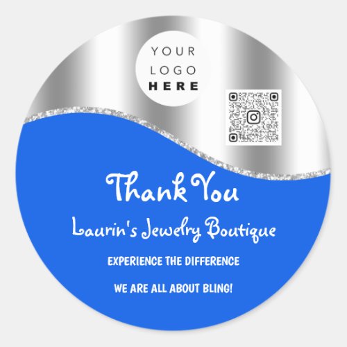 Thank You Name Logo QrCode Gray Silver Blue Classic Round Sticker