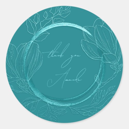 Thank You Name Magnolia Floral Blue Teal  Garden  Classic Round Sticker
