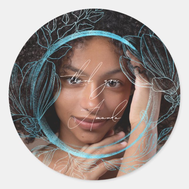 Thank You Name Magnolia Floral Garden Blue Oceanic Classic Round Sticker (Front)
