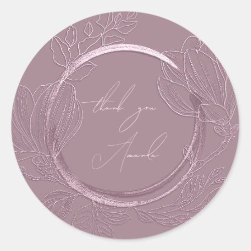 Thank You Name Magnolia Floral Garden Eggplant  Classic Round Sticker