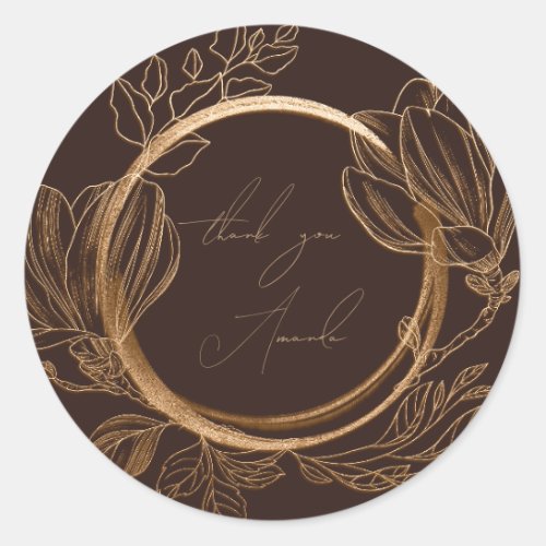 Thank You Name Magnolia Floral Garden Gold Brown  Classic Round Sticker