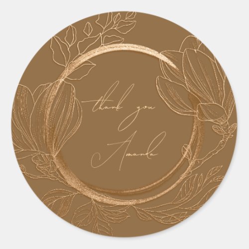 Thank You Name Magnolia Floral Garden Gold Brown   Classic Round Sticker