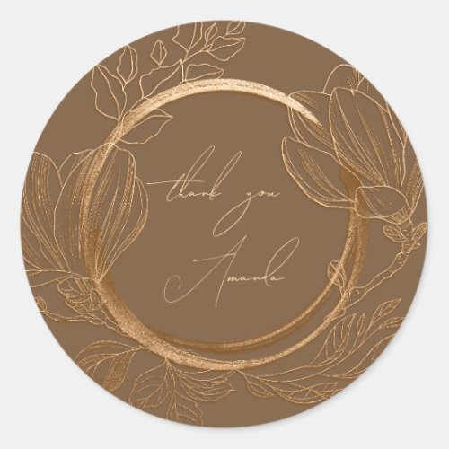 Thank You Name Magnolia Floral Garden Gold Brown  Classic Round Sticker