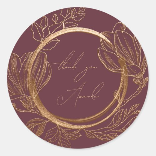 Thank You Name Magnolia Floral Garden Gold Mustard Classic Round Sticker