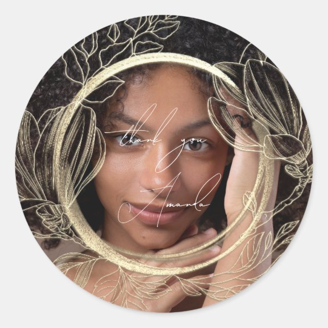 Thank You Name Magnolia Floral Garden Gold Photo Classic Round Sticker (Front)