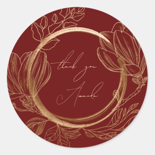 Thank You Name Magnolia Floral Garden Gold Red Classic Round Sticker