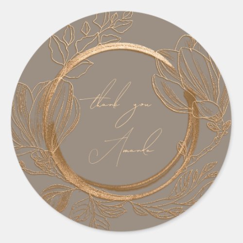 Thank You Name Magnolia Floral Garden Gray Brown  Classic Round Sticker