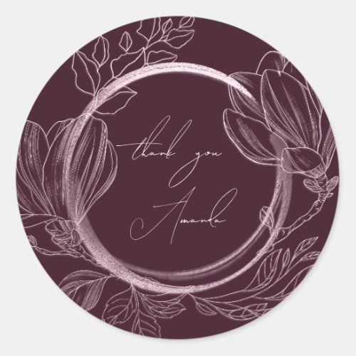 Thank You Name Magnolia Floral Garden Marsala Pink Classic Round Sticker