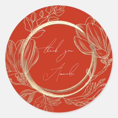 Thank You Name Magnolia Floral Garden Red Gold Classic Round Sticker