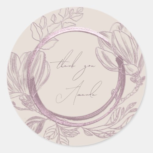 Thank You Name Magnolia Floral Garden Rose Ivory  Classic Round Sticker