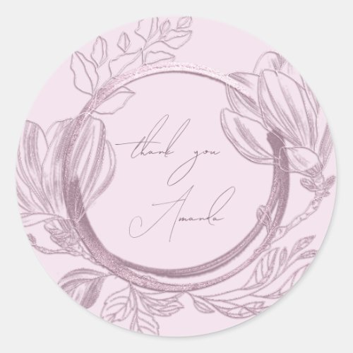 Thank You Name Magnolia Floral Garden Rose Pink Classic Round Sticker