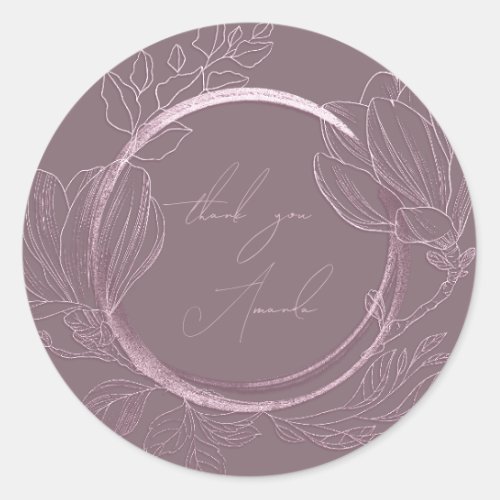 Thank You Name Magnolia Floral Garden Rose Purple  Classic Round Sticker