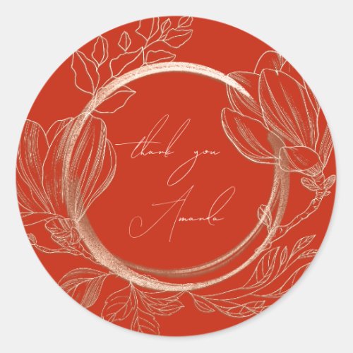 Thank You Name Magnolia Floral Garden Rose RedGold Classic Round Sticker