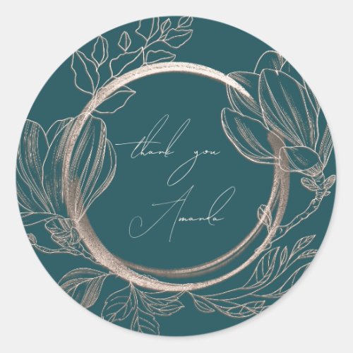 Thank You Name Magnolia Floral Rose Teal  Garden   Classic Round Sticker