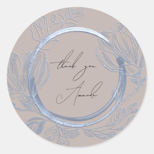 Thank You Name Magnolia Floral Smoky Blue Gray Classic Round Sticker