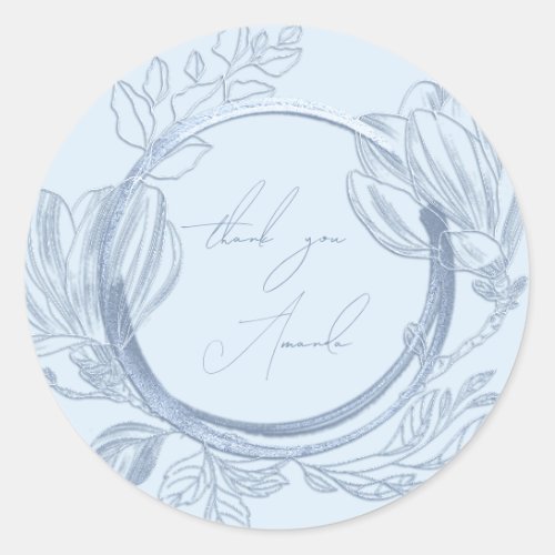 Thank You Name Magnolia Floral Smoky Blue Pastel Classic Round Sticker