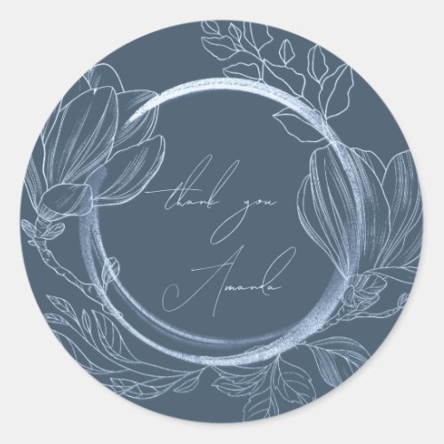 Thank You Name Magnolia Floral Smoky Blue Wedding  Classic Round Sticker