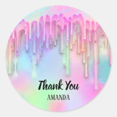 Thank You Name Pink Holograph Drips Unicorn Classic Round Sticker