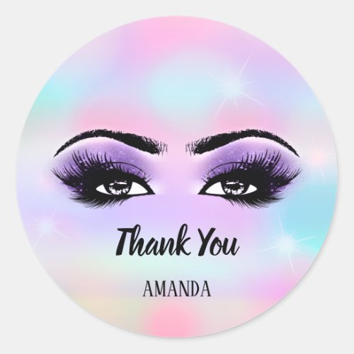 Thank You Name Pink Holograph Pastels Eyelashes Classic Round Sticker
