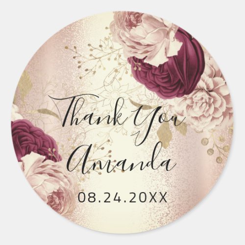 Thank You Name  Rose Gold  Florals Marsala Classic Round Sticker