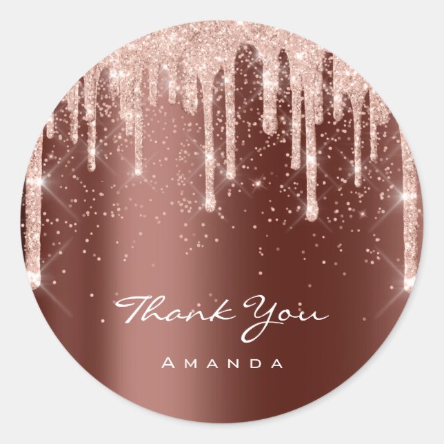 Thank You Name Rose Gold Glitter Brown Classic Round Sticker (Front)