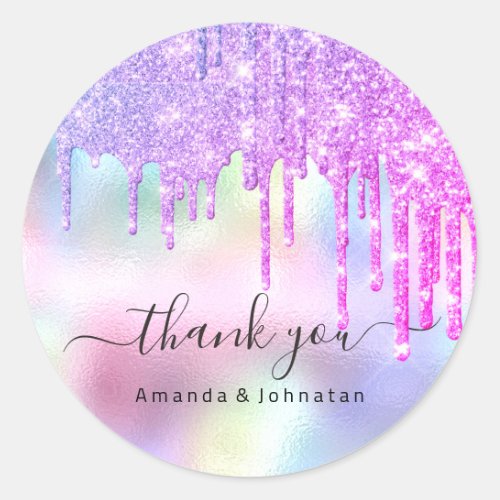 Thank You Name Wedding Glitter Holograph Drips Classic Round Sticker