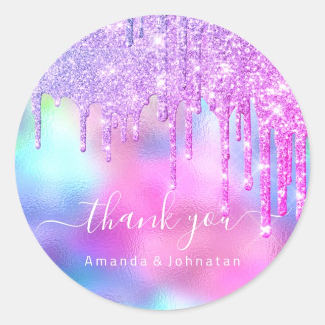 Thank You Name Wedding Glitter Holograph Pink Classic Round Sticker (Front)