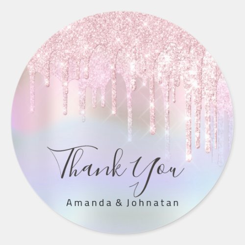 Thank You Name Wedding Pink Glitter Holograph Classic Round Sticker