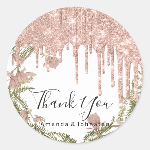 Thank You Name Wedding Rose Glitter Floral White Classic Round Sticker