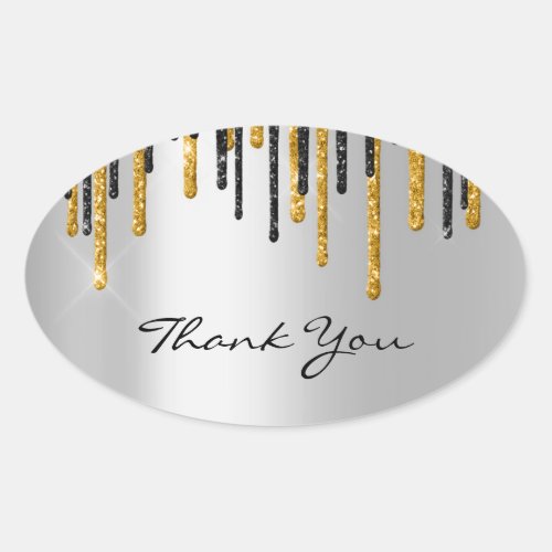 Thank You Name Wedding  Silver Grey  Gold Drips Oval Sticker