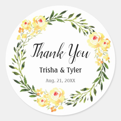 Thank You Names  Date Yellow WC Flowers Wedding Classic Round Sticker