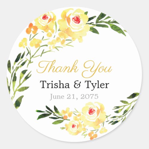 Thank You Names  Date Yellow WC Flowers Wedding Classic Round Sticker