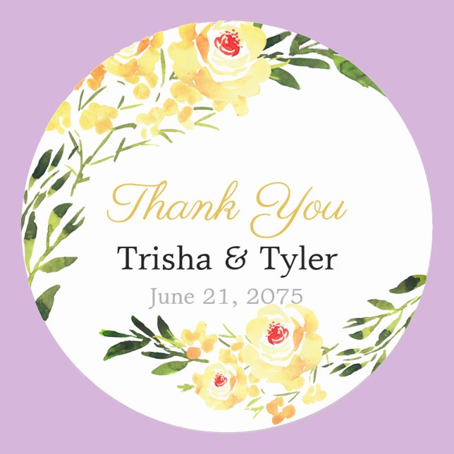 Thank You, Names & Date Yellow W/C Flowers Wedding Classic Round Sticker (Creator Uploaded)