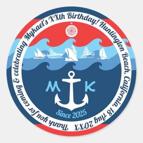 Thank You Nautical Anchor Boat Red White Blue Classic Round Sticker