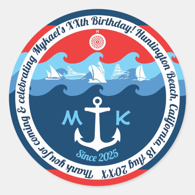 Thank You Nautical Anchor Boat Red White Blue Classic Round Sticker (Front)