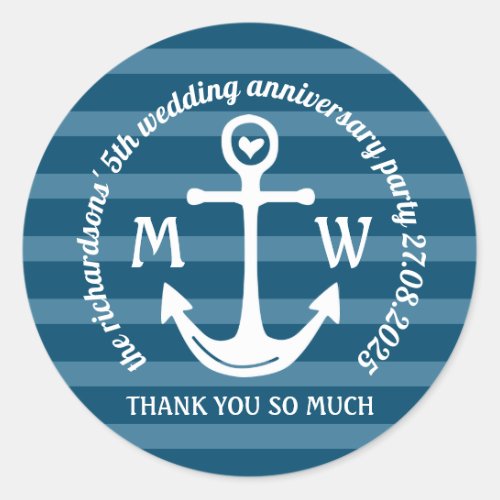 Thank You Nautical Anchor Heart Coastal Logo Favor Classic Round Sticker