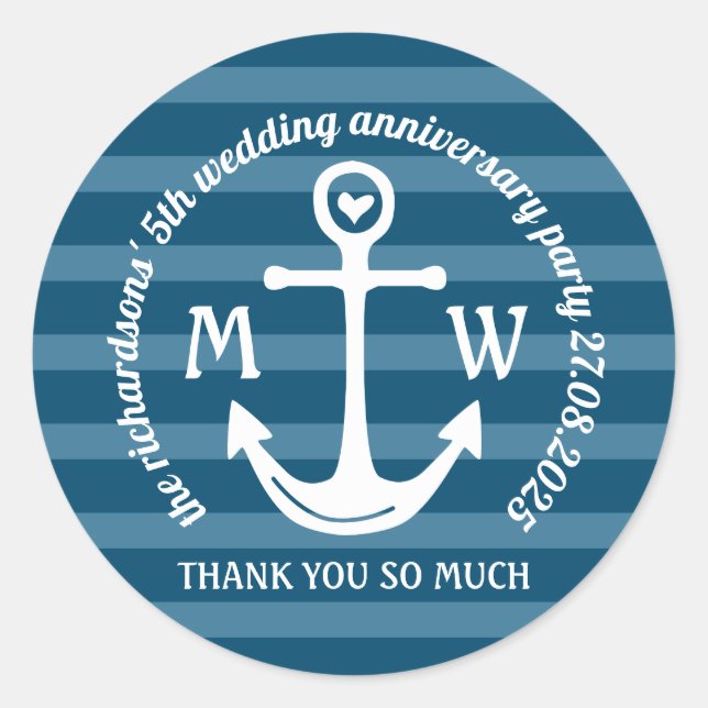 Thank You Nautical Anchor Heart Coastal Logo Favor Classic Round Sticker (Front)