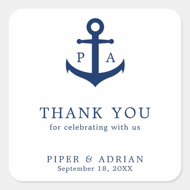 Thank You Nautical Anchor Monogram Wedding Favor Square Sticker (Front)