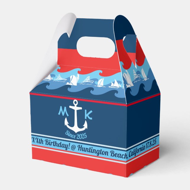 Thank You Nautical Anchor Wave Boat Red White Blue Favor Boxes (Front Side)