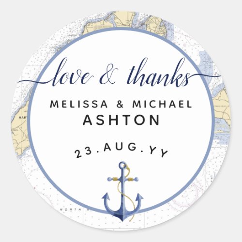 Thank You Nautical Chart Anchor Wedding  Event Classic Round Sticker