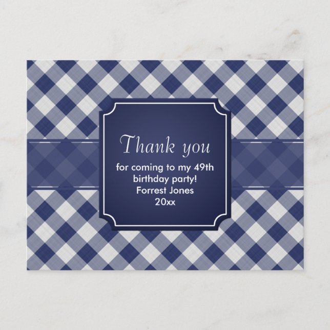 Thank You Navy Blue Gingham Pattern Geometric Postcard (Front)