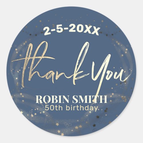 Thank you Navy Blue Gold Modern Birthday Favor Classic Round Sticker