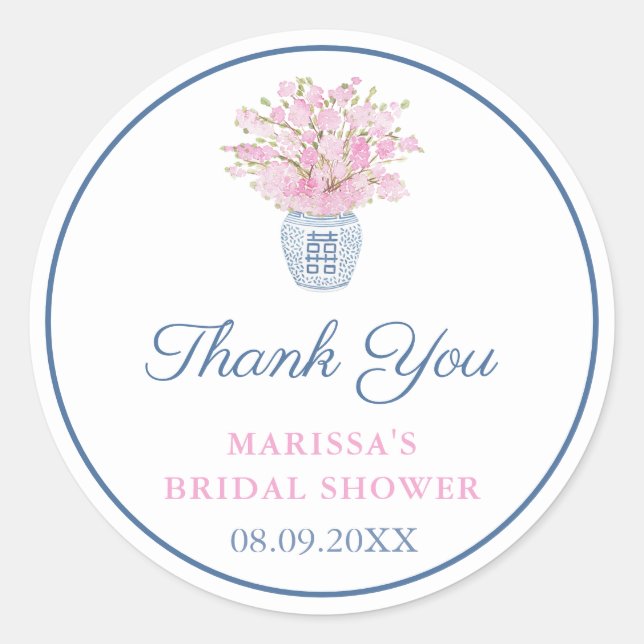 Thank You Navy Blue Pink Ginger Jar Bridal Shower Classic Round Sticker (Front)