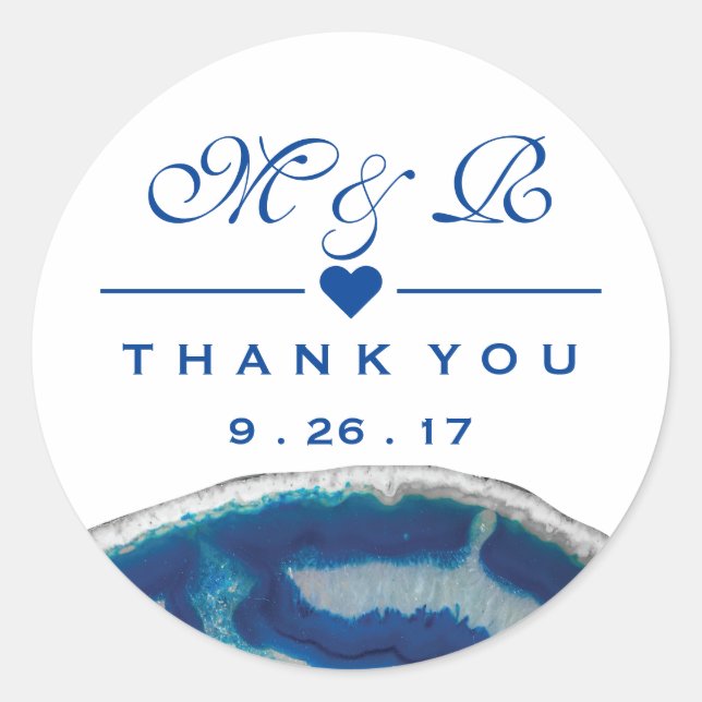 Thank You | Navy Blue Wedding Monogram Agate Classic Round Sticker (Front)
