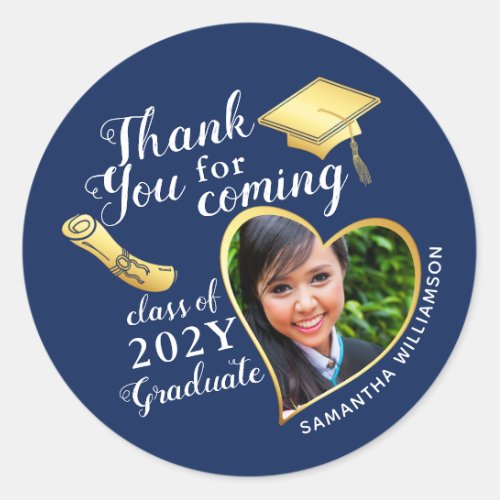 Thank You Navy Blue White Gold Graduation Party Classic Round Sticker