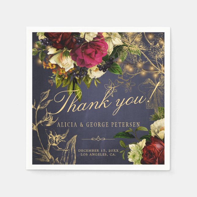 Thank you navy gold typography burgundy wedding napkins (Front)